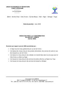 UNION ECONOMIQUE ET MONETAIRE OUEST AFRICAINE[removed]La Commission[removed]Bénin - Burkina Faso - Côte d’Ivoire – Guinée-Bissau – Mali – Niger – Sénégal – Togo]  Date de parution : mars 2009