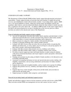 Department of Mental Health Ch[removed]Annual Individual and Family Support Plan – FY 12 OVERVIEW OF FAMILY SUPPORT The Department of Mental Health (DMH) defines family support through program and practice expectations.