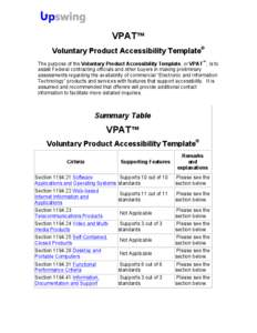 VPAT™ Voluntary Product Accessibility Template® The purpose of the Voluntary Product Accessibility Template, or VPAT™, is to assist Federal contracting officials and other buyers in making preliminary assessments re