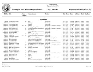 61st Legislature Regular Session[removed]Washington State House of Representatives Bill No. Title