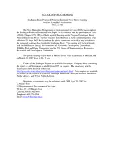 NOTICE OF PUBLIC HEARING Souhegan River Proposed Protected Instream Flow Public Hearing Milford Town Hall Auditorium Milford, NH The New Hampshire Department of Environmental Services (DES) has completed the Souhegan Pro