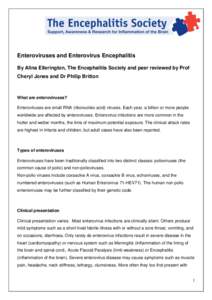 Enteroviruses and Enterovirus Encephalitis By Alina Ellerington, The Encephalitis Society and peer reviewed by Prof Cheryl Jones and Dr Philip Britton What are enteroviruses? Enteroviruses are small RNA (ribonucleic acid