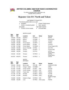 BRITISH COLUMBIA AMATEUR RADIO COORDINATION COUNCIL For further information refer to www.bcarcc.org. Copyright 2009 by BCARCC  Repeater List: B C North and Yukon