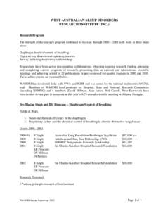 WEST AUSTRALIAN SLEEP DISORDERS RESEARCH INSTITUTE (INC.) Research Program The strength of the research program continued to increase through 2000 – 2001 with work in three main areas: Diaphragm function/control of bre