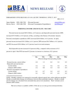 NEWS RELEASE EMBARGOED UNTIL RELEASE AT 8:30 A.M. EDT, THURSDAY, JUNE 27, 2013 BEA[removed]James Rankin: ([removed]Harvey Davis: ([removed]