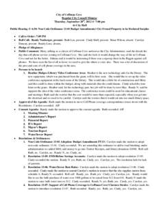 City of Coffman Cove Regular City Council Minutes Thursday, September 20th, 2012 @ 7:00 pm At City Hall Public Hearing @ 6:30- Non Code Ordinance[removed]Budget Amendments/ City Owned Property to be Declared Surplus 