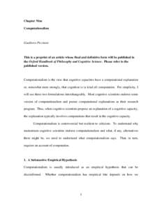 Chapter Nine Computationalism Gualtiero Piccinini  This is a preprint of an article whose final and definitive form will be published in