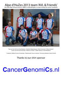 Alpe d’HuZes 2013 team ‘AVL & Friends’  (43 total Alpe d’Huez ascents, 44892 m altitude gain, to raise money for cancer research) Top row from left: Jan Paul Medema1, Roderick Beijersbergen2, René Overmeer3, Tob