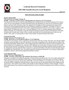 Leukemia Research Foundation[removed]Scientific Research Grant Recipients Page 1 of 6 NEW INVESTIGATOR AWARDS Ioannis Aifantis, PhD