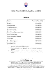 Retail Price List[removed]last update: Jan[removed]Maserati Model  Price incl. Tax (HK$)