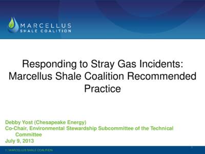 Responding to Stray Gas Incidents: Marcellus Shale Coalition Recommended Practice Debby Yost (Chesapeake Energy) Co-Chair, Environmental Stewardship Subcommittee of the Technical