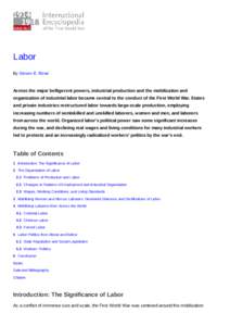 Labor By Steven E. Rowe Across the major belligerent powers, industrial production and the mobilization and organization of industrial labor became central to the conduct of the First World War. States and private indust