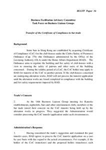 BLGTF Paper 36  Business Facilitation Advisory Committee Task Force on Business Liaison Groups  Transfer of the Certificate of Compliance in bar trade