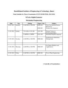 Bundelkhand Institute of Engineering & Technology, Jhansi Final Schedule for Theory Examination (EVEN SEMESTER), [removed]B.Tech.-Eighth Semester Mechanical Engineering Date