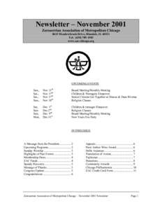 Newsletter – November 2001 Zoroastrian Association of Metropolitan Chicago 8615 Meadowbrook Drive, Hinsdale, ILTel: (www.zac-chicago.org