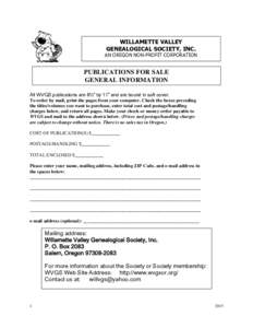WILLAMETTE VALLEY GENEALOGICAL SOCIETY, INC. AN OREGON NON-PROFIT CORPORATION  PUBLICATIONS FOR SALE