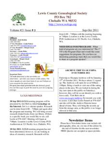 Lewis County Genealogical Society PO Box 782 Chehalis WAhttp://www.walcgs.org  Volume #21 Issue # 5