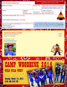 Registration  Deadline:  October  3,  2014.  Late  or  same  day   registrations  may  not  receive  a  t-shirt. Camp  Woodbine  Registration   Camper’s  FULL  Name:  