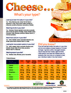 What’s your type?  1 Looking to lower the sodium in your diet? Try: 	 Swiss, Monterey Jack, ricotta, Port de Salut or