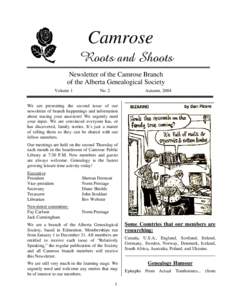Camrose Roots and Shoots Newsletter of the Camrose Branch of the Alberta Genealogical Society Volume 1
