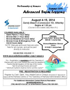 The Township of Ramara  Summer 2014 Advanced Swim Lessons August 4-15, 2014