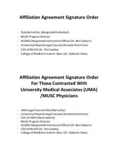 Affiliation Agreement Signature Order - Outside Facility (designated Individual) MUSC Program Director ACGME Designated Institutional Official (Dr. Ben Clyburn)