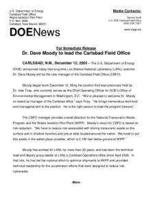 Dr. Dave Moody to Lead the Carlsbad Field Office