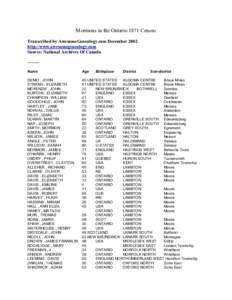 Mormons in the Ontario 1871 Census Transcribed by AwesomeGenealogy.com December 2002 http://www.awesomegenealogy.com Source: National Archives Of CanadaName