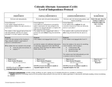 Colorado Alternate Assessment (CoAlt) Level of Independence Protocol 4 INDEPENDENT  3