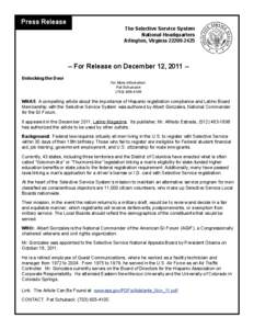 Press Release  The Selective Service System National Headquarters Arlington, Virginia[removed]