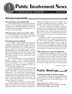Public Involvement News U.S. Department of Energy • Oak Ridge Office December[removed]Announcements