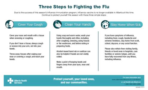 Three Steps to Fighting the Flu Due to the success of this season’s influenza immunization program, influenza vaccine is no longer available in Alberta at this time. Continue to protect yourself this season with these 