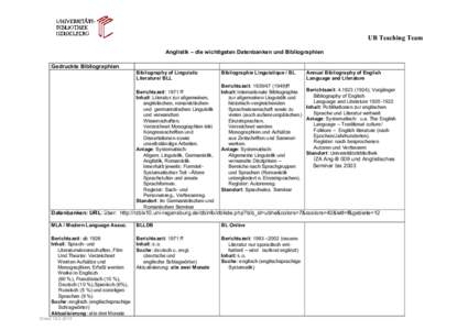 UB Teaching Team Anglistik – die wichtigsten Datenbanken und Bibliographien Gedruckte Bibliographien Bibliography of Linguistic Literature/ BLL Berichtszeit: 1971 ff