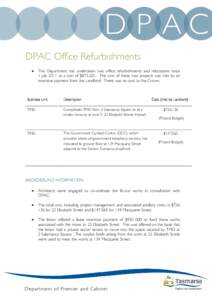 D P AC DPAC Office Refurbishments • The Department has undertaken two office refurbishments and relocations since 1 July 2011 at a cost of $873,201. The cost of these two projects was met by an