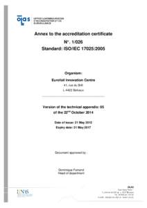 Annex to the accreditation certificate N°. 1/026 Standard: ISO/IEC 17025:2005 Organism: Eurofoil Innovation Centre