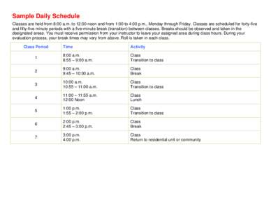 Sample Daily Schedule Classes are held from 8:00 a.m. to 12:00 noon and from 1:00 to 4:00 p.m., Monday through Friday. Classes are scheduled for forty-five and fifty-five minute periods with a five-minute break (transiti