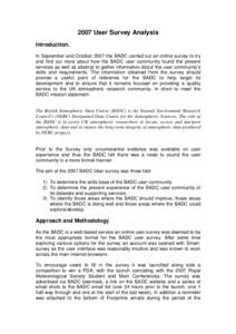 2007 User Survey Analysis Introduction. In September and October 2007 the BADC carried out an online survey to try and find out more about how the BADC user community found the present services as well as attempt to gath