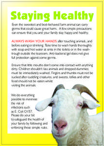 Staying Healthy Even the sweetest and best-behaved farm animal can carry germs that could cause great harm. A few simple precautions can ensure that you and your family stay happy and healthy. ALWAYS WASH YOUR HANDS afte