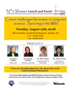 N^2 Women Lunch and Panel Career challenges for women in computer science: Surviving in the Wild Tuesday, August 19th, 2008 Blewett Suite, Grand Hyatt Regancy, Seattle, WA 12::40pm Lunch