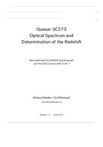 Quasar 3C273 – Optical Spectrum and Determination of the Redshift  -+ Quasar 3C273 Optical Spectrum and