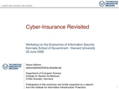 CYBER-INSURANCE REVISITED  Cyber-Insurance Revisited Workshop on the Economics of Information Security Kennedy School of Government · Harvard University