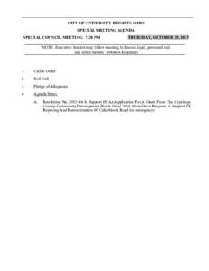 CITY OF UNIVERSITY HEIGHTS, OHIO SPECIAL MEETING AGENDA SPECIAL COUNCIL MEETING 7:30 PM THURSDAY, OCTOBER 29, 2015