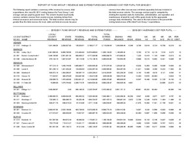 REPORT OF FUND GROUP 1 REVENUE AND EXPENDITURES AND AVERAGE COST PER PUPIL FOR[removed]The following report contains a summary of the revenue by source, total expenditures, the June 30, 2011 ending balance for Fund Gro