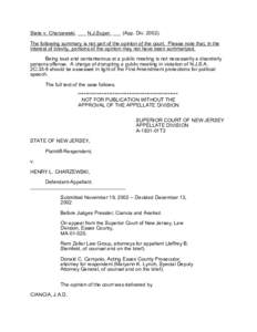 State v. Charzewski, ___ N.J.Super. ___ (App. Div[removed]The following summary is not part of the opinion of the court. Please note that, in the interest of brevity, portions of the opinion may not have been summarized.