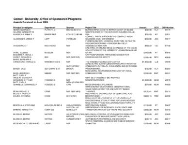 Cornell University, Office of Sponsored Programs Awards Received in June 2006 Principal Investigator ABAWI, GEORGE S ACLAND, GREGORY M KUKEKOVA, ANNA V