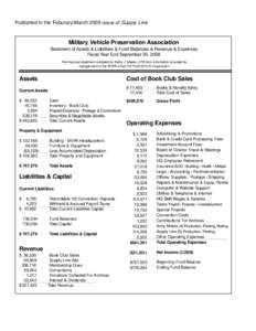 Published in the Feburary/March 2009 issue of Supply Line  Military Vehicle Preservation Association Statement of Assets & Liabilities & Fund Balances & Revenue & Expenses Fiscal Year End September 30, 2008 This financia