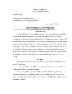 STATE OF VERMONT PUBLIC SERVICE BOARD Docket No[removed]Investigation into the existing rates of Central Vermont Public Service Corporation