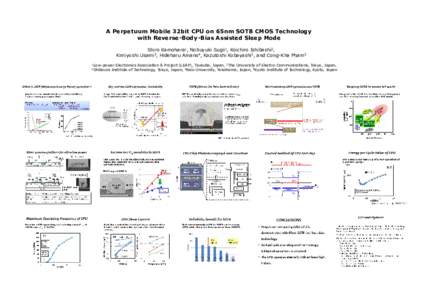 A Perpetuum Mobile 32bit CPU on 65nm SOTB CMOS Technology with Reverse-Body-Bias Assisted Sleep Mode Shiro Kamohara1, Nobuyuki Sugii1, Koichiro Ishibashi2, Kimiyoshi Usami3, Hideharu Amano4, Kazutoshi Kobayashi5, and Con