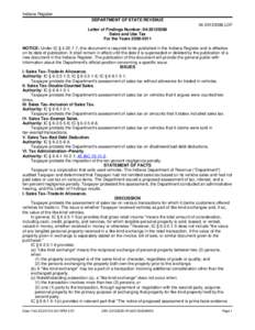 Indiana Register DEPARTMENT OF STATE REVENUE[removed]LOF Letter of Findings Number: [removed]Sales and Use Tax For the Years[removed]