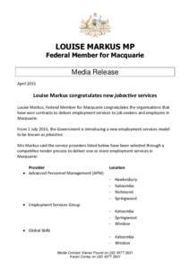 LOUISE MARKUS MP  Federal Member for Macquarie Media Release April 2015